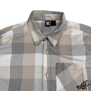 Vintage Rusty Mens Short Sleeve Plaid Button Up Shirt Tan Grey Large